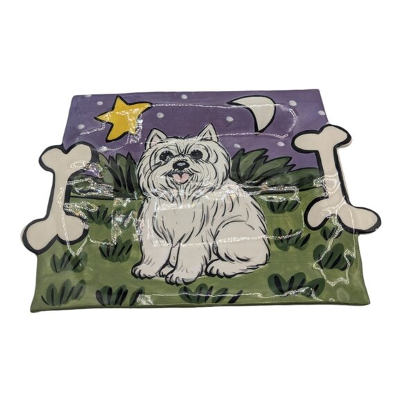 Hand-Painted Ceramic Westie Dog Plate Tray Signed by Artist Bone Handles 11 3/4" - Picture 2 of 8